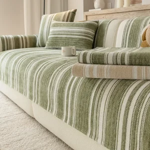 Housse canapé en chenille à rayures naturelles épaissie, lavable et antidérapante.